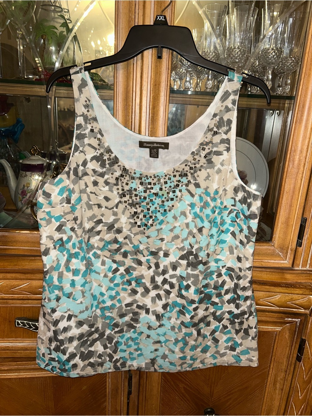 Tommy Bahama Aqua, Gray & White Beaded Scoop Neck Tank